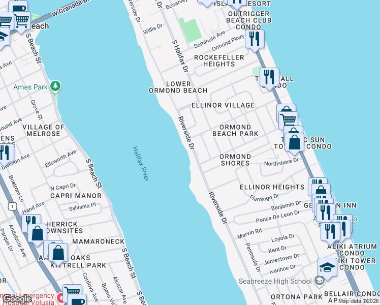 map of restaurants, bars, coffee shops, grocery stores, and more near 462 Riverside Drive in Ormond Beach