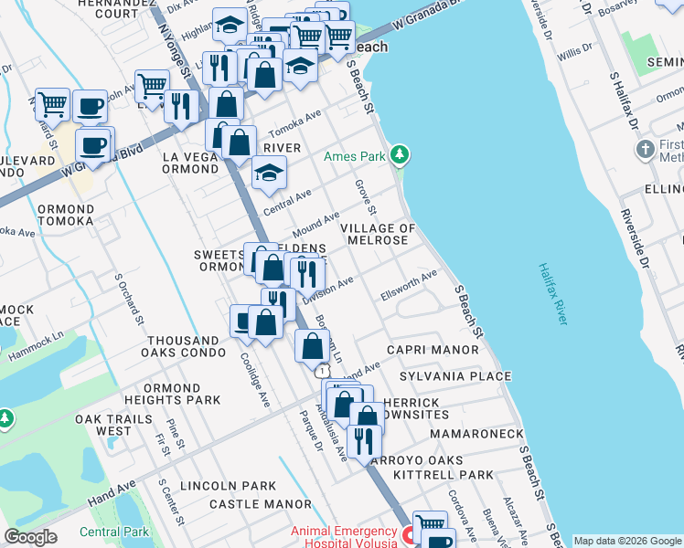 map of restaurants, bars, coffee shops, grocery stores, and more near 299 Roosevelt Drive in Ormond Beach