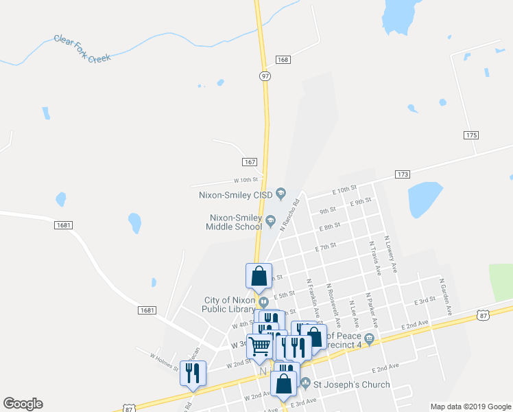 map of restaurants, bars, coffee shops, grocery stores, and more near 364 Texas 80 in Nixon