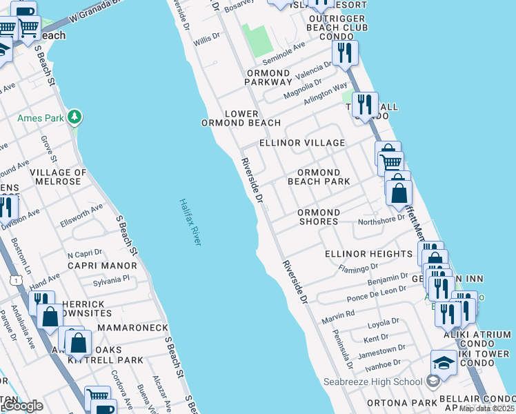 map of restaurants, bars, coffee shops, grocery stores, and more near 482 Riverside Drive in Ormond Beach