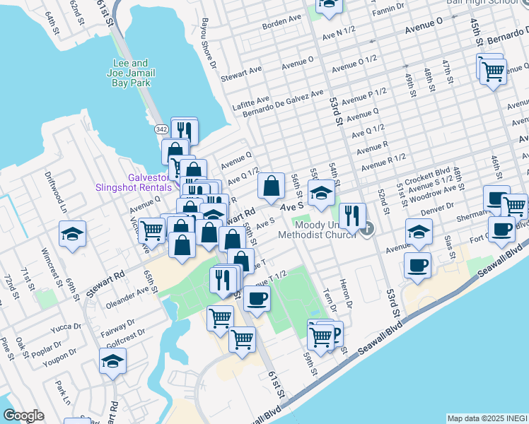 map of restaurants, bars, coffee shops, grocery stores, and more near 5703 Avenue S in Galveston