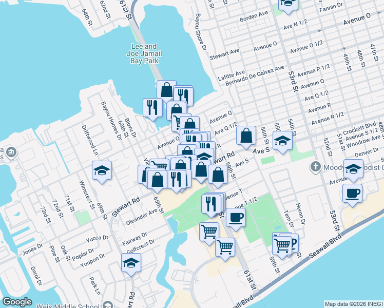 map of restaurants, bars, coffee shops, grocery stores, and more near 2218 61st Street in Galveston