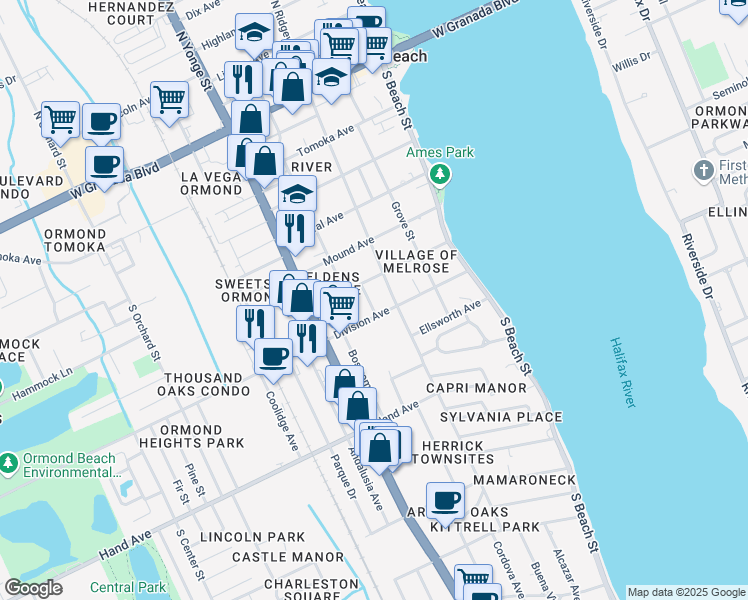 map of restaurants, bars, coffee shops, grocery stores, and more near 285 Roosevelt Drive in Ormond Beach