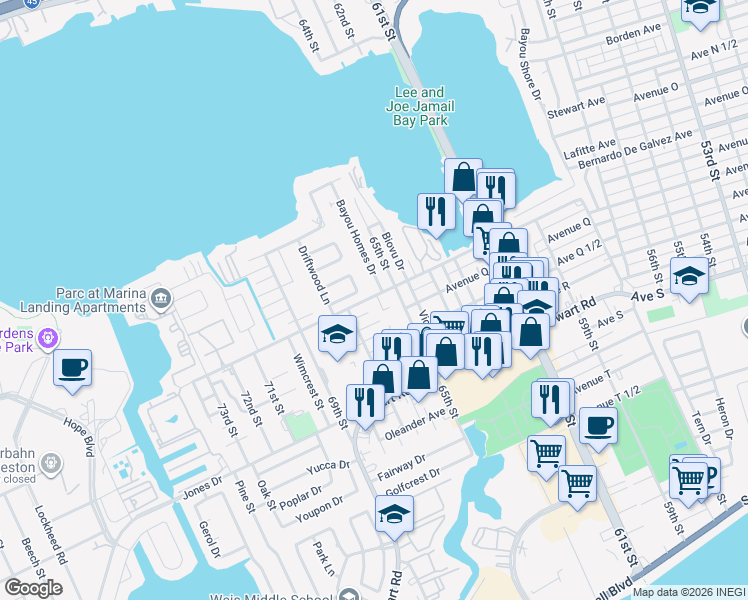 map of restaurants, bars, coffee shops, grocery stores, and more near 2001 Heards Lane Circle in Galveston