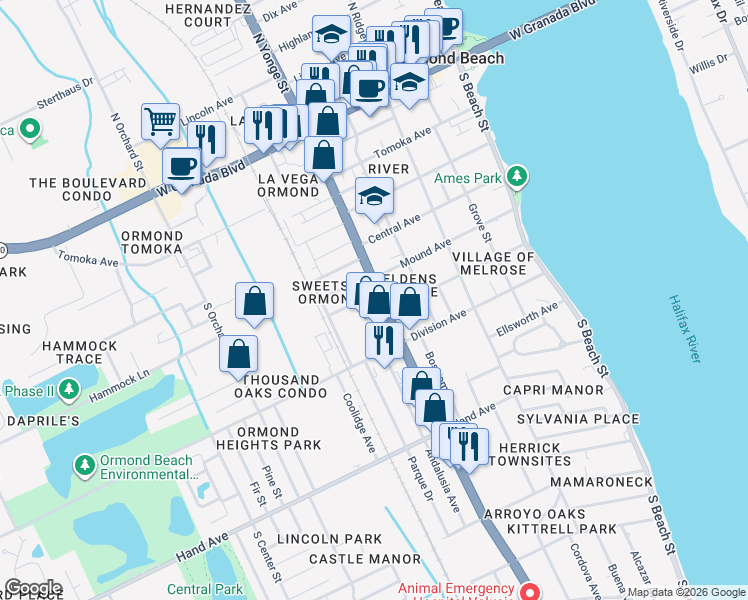 map of restaurants, bars, coffee shops, grocery stores, and more near 239 South Yonge Street in Ormond Beach