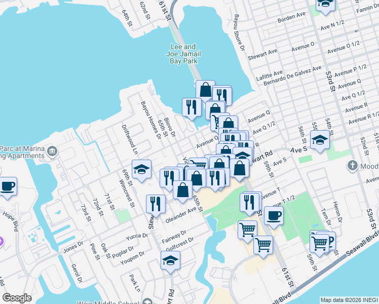 map of restaurants, bars, coffee shops, grocery stores, and more near 2102 Hollywood Avenue in Galveston