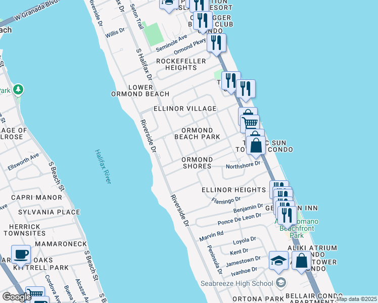 map of restaurants, bars, coffee shops, grocery stores, and more near 503 South Halifax Drive in Ormond Beach