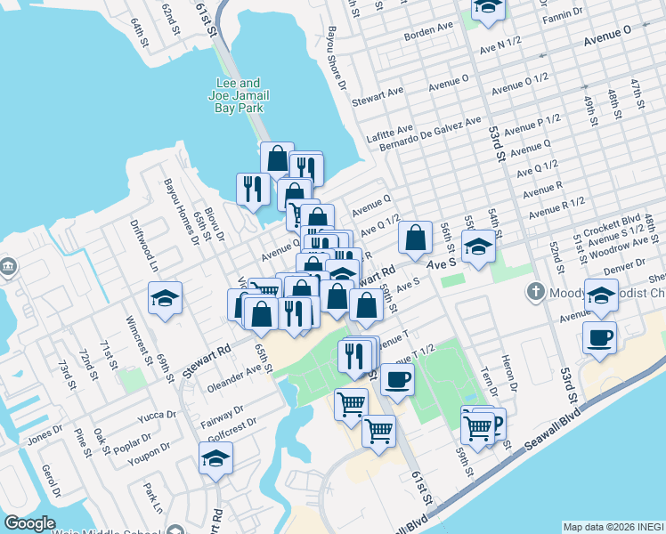 map of restaurants, bars, coffee shops, grocery stores, and more near 2218 61st Street in Galveston
