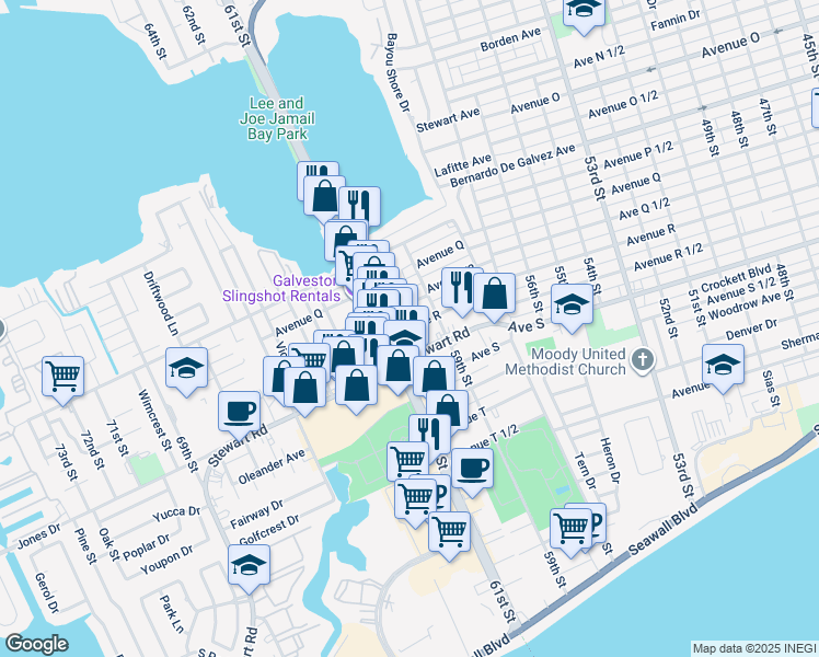 map of restaurants, bars, coffee shops, grocery stores, and more near 5975 Avenue R in Galveston