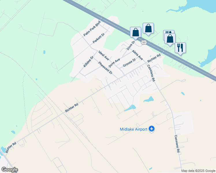 map of restaurants, bars, coffee shops, grocery stores, and more near 7465 Richter Road in Elmendorf