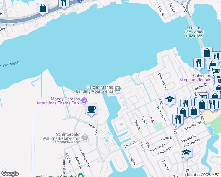 map of restaurants, bars, coffee shops, grocery stores, and more near 7315 Offats Point Circle in Galveston