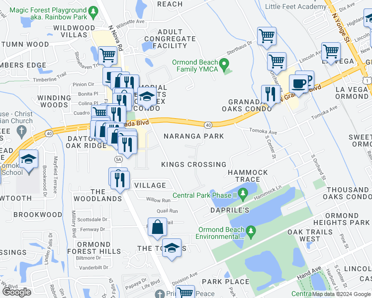 map of restaurants, bars, coffee shops, grocery stores, and more near 10 Kingsgate Court in Ormond Beach