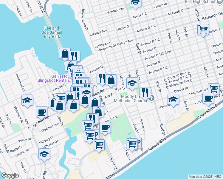 map of restaurants, bars, coffee shops, grocery stores, and more near 5703 Avenue S in Galveston