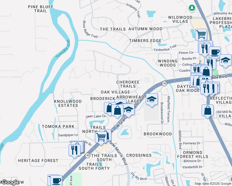 map of restaurants, bars, coffee shops, grocery stores, and more near 15 Eclipse Trail in Ormond Beach