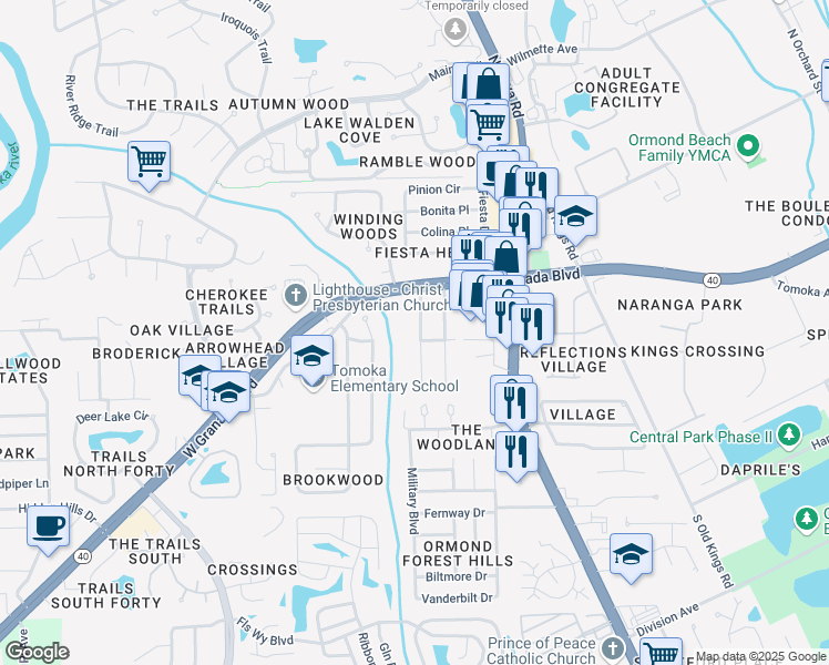 map of restaurants, bars, coffee shops, grocery stores, and more near 38 Magnolia Avenue in Ormond Beach