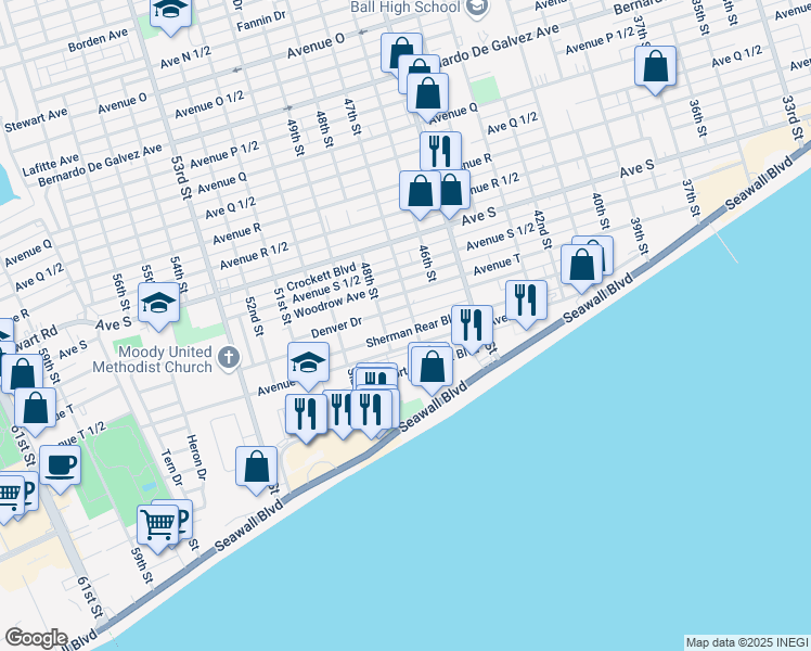map of restaurants, bars, coffee shops, grocery stores, and more near 4721 Caduceus Place in Galveston