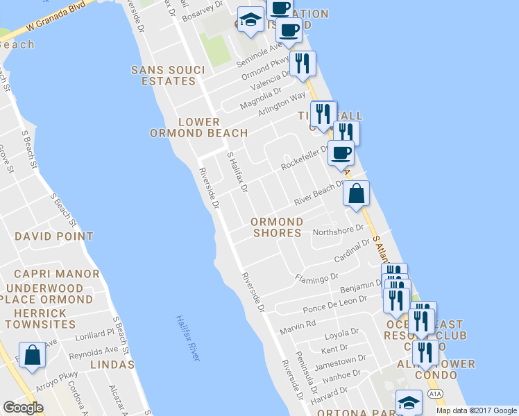 map of restaurants, bars, coffee shops, grocery stores, and more near 503 South Halifax Drive in Ormond Beach