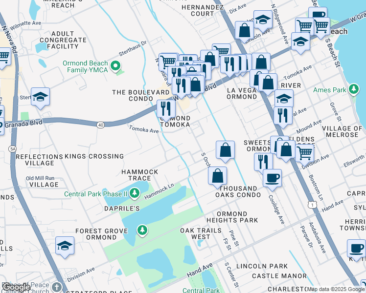 map of restaurants, bars, coffee shops, grocery stores, and more near 14 Spiveys Court in Ormond Beach