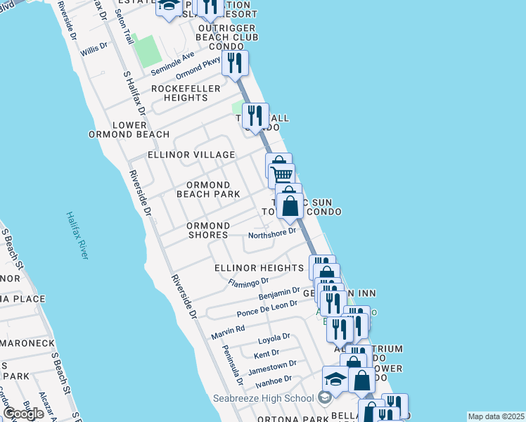 map of restaurants, bars, coffee shops, grocery stores, and more near 50 Chippingwood Lane in Ormond Beach