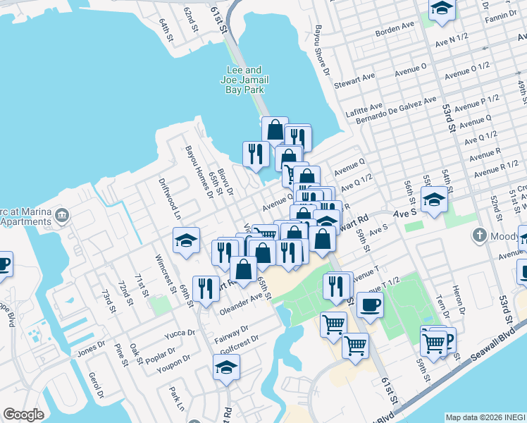 map of restaurants, bars, coffee shops, grocery stores, and more near 2102 Hollywood Avenue in Galveston