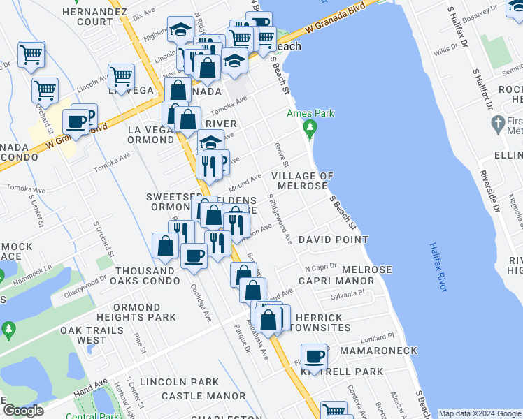 map of restaurants, bars, coffee shops, grocery stores, and more near 279 Roosevelt Drive in Ormond Beach