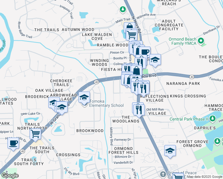map of restaurants, bars, coffee shops, grocery stores, and more near 30 Magnolia Avenue in Ormond Beach
