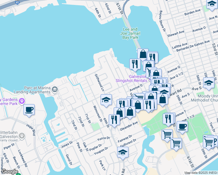 map of restaurants, bars, coffee shops, grocery stores, and more near 30 Willow Lane in Galveston