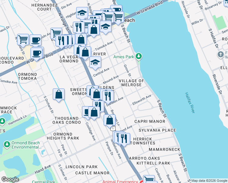 map of restaurants, bars, coffee shops, grocery stores, and more near 134 Fairview Avenue in Ormond Beach