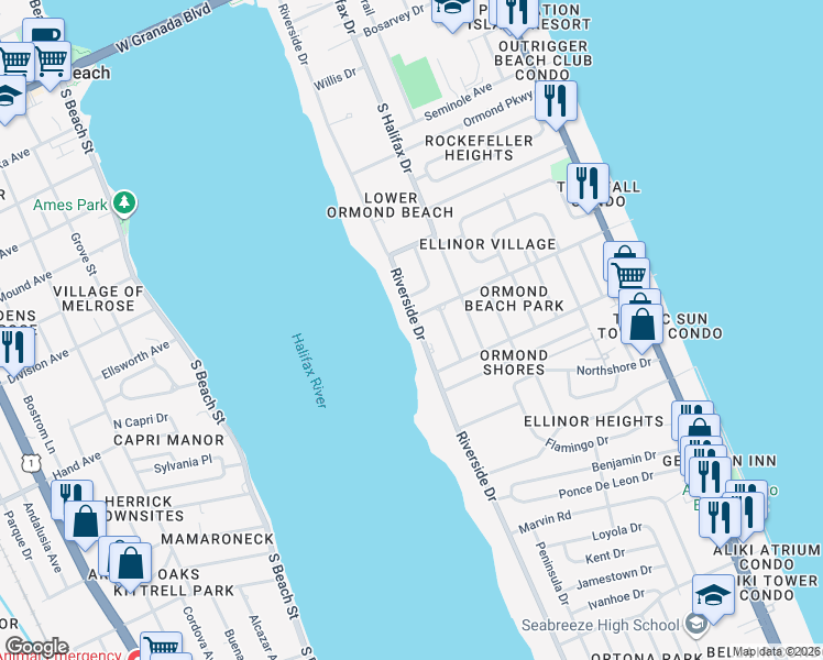 map of restaurants, bars, coffee shops, grocery stores, and more near 462 Riverside Drive in Ormond Beach