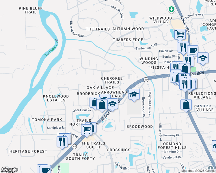 map of restaurants, bars, coffee shops, grocery stores, and more near 39 Cherokee Trail in Ormond Beach