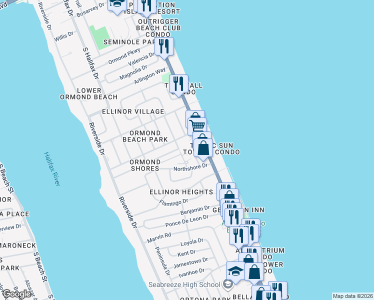 map of restaurants, bars, coffee shops, grocery stores, and more near 50 Chippingwood Lane in Ormond Beach