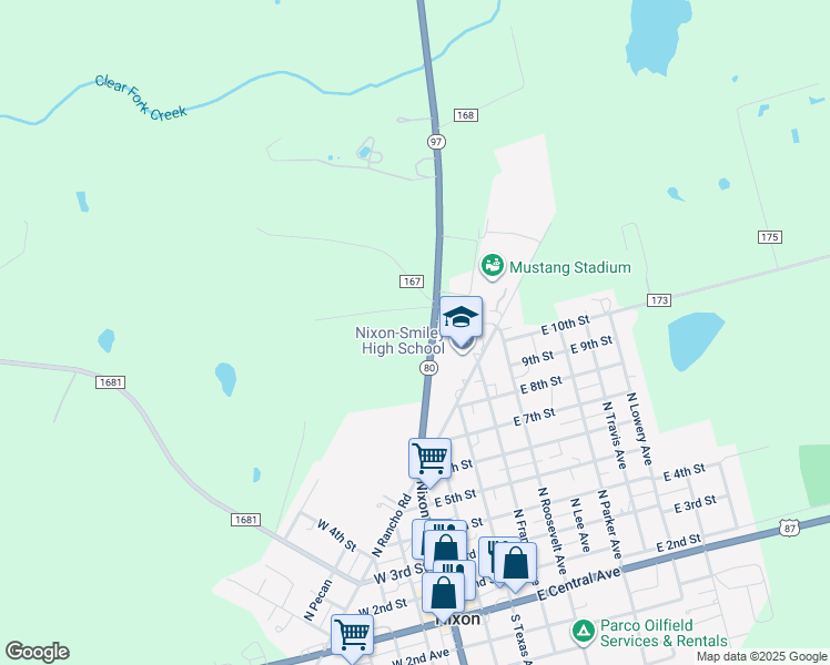 map of restaurants, bars, coffee shops, grocery stores, and more near 364 Texas 80 in Nixon