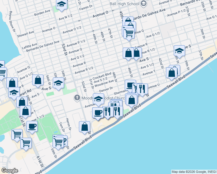 map of restaurants, bars, coffee shops, grocery stores, and more near 4810 Denver Drive in Galveston