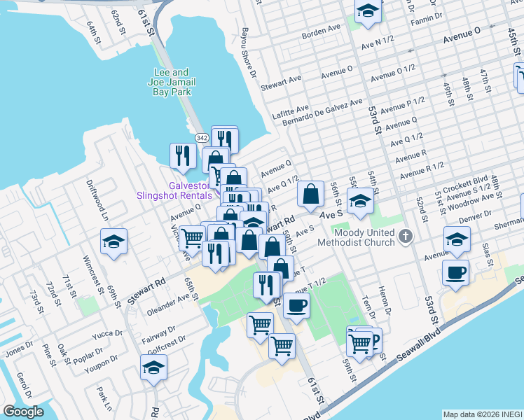 map of restaurants, bars, coffee shops, grocery stores, and more near 5920 Avenue R in Galveston