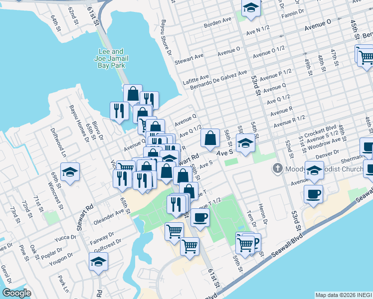 map of restaurants, bars, coffee shops, grocery stores, and more near 5919 Avenue R in Galveston