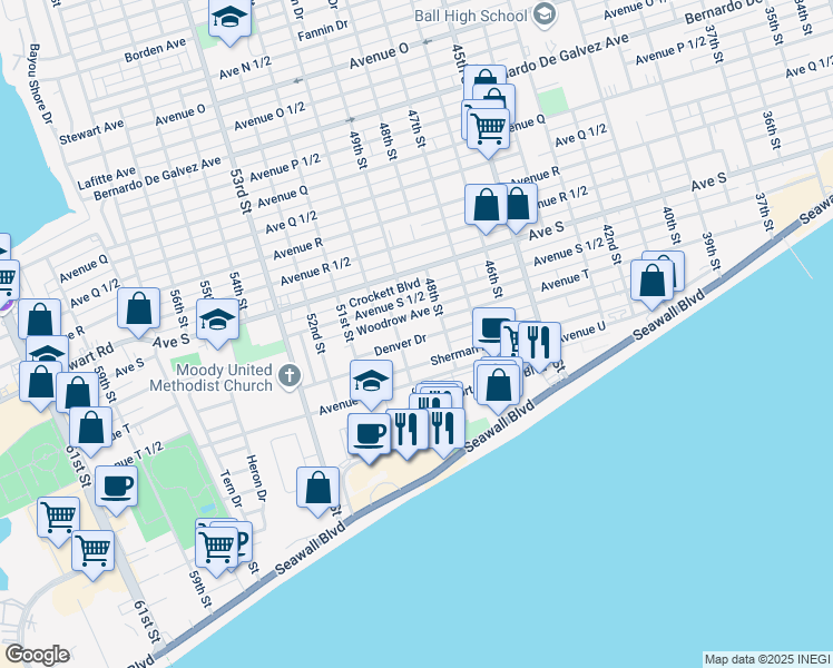 map of restaurants, bars, coffee shops, grocery stores, and more near 4810 Denver Drive in Galveston