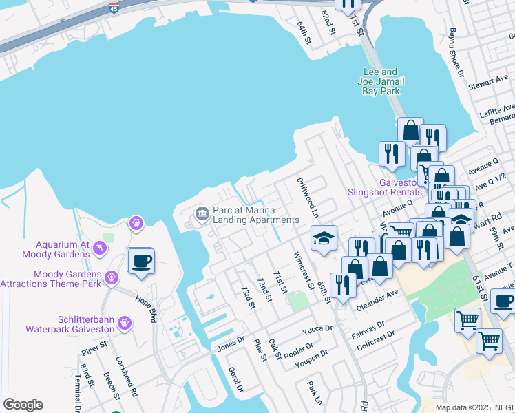 map of restaurants, bars, coffee shops, grocery stores, and more near 8 Back Bay Circle in Galveston