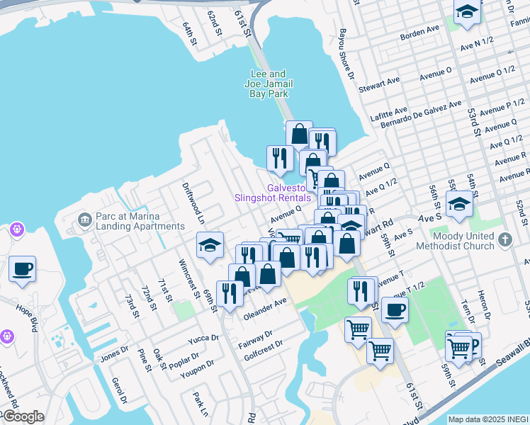 map of restaurants, bars, coffee shops, grocery stores, and more near 2012 Victory Avenue in Galveston