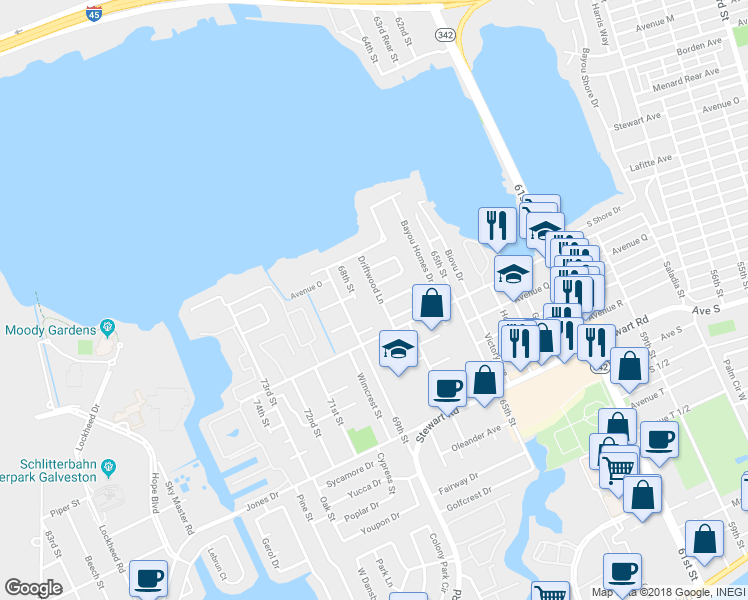 map of restaurants, bars, coffee shops, grocery stores, and more near 1813 Driftwood Lane in Galveston