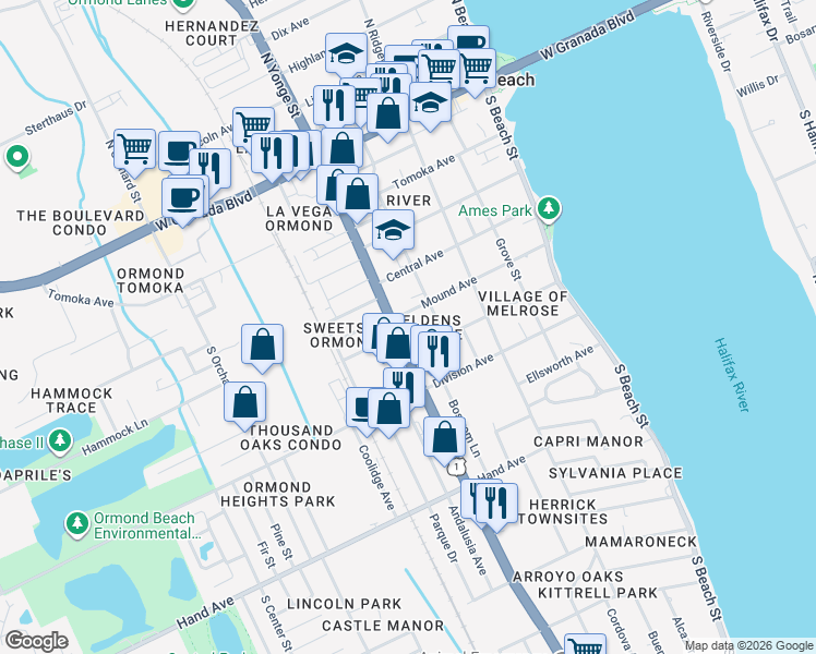 map of restaurants, bars, coffee shops, grocery stores, and more near 239 South Yonge Street in Ormond Beach
