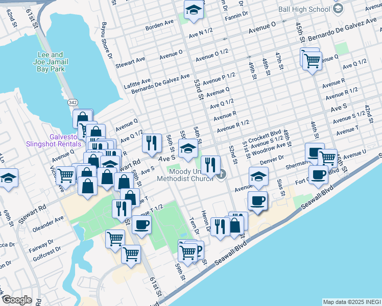 map of restaurants, bars, coffee shops, grocery stores, and more near 5471 Avenue S in Galveston