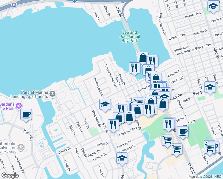 map of restaurants, bars, coffee shops, grocery stores, and more near 22 Willow Lane in Galveston