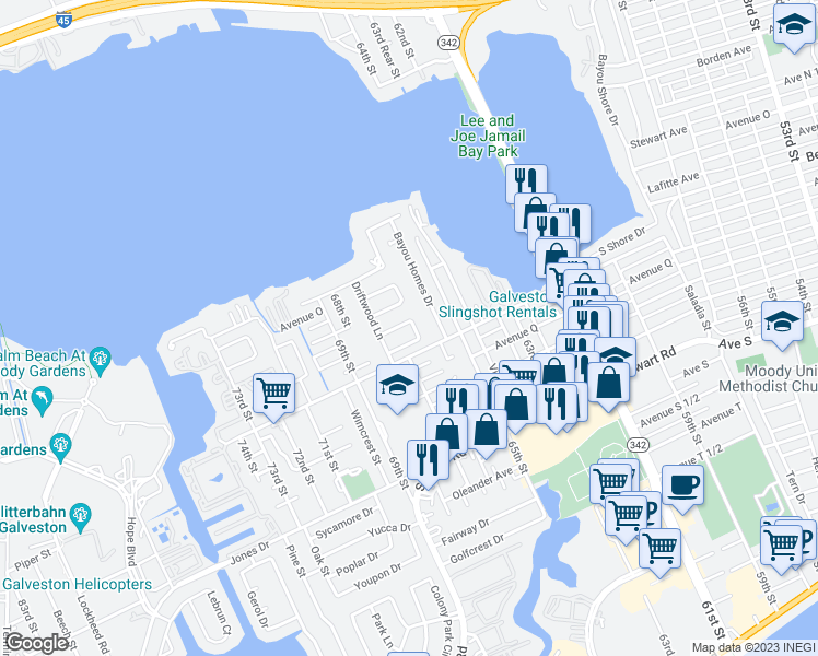map of restaurants, bars, coffee shops, grocery stores, and more near 11 Willow Lane in Galveston