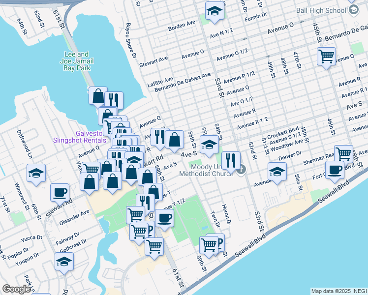 map of restaurants, bars, coffee shops, grocery stores, and more near 5703 Avenue S in Galveston