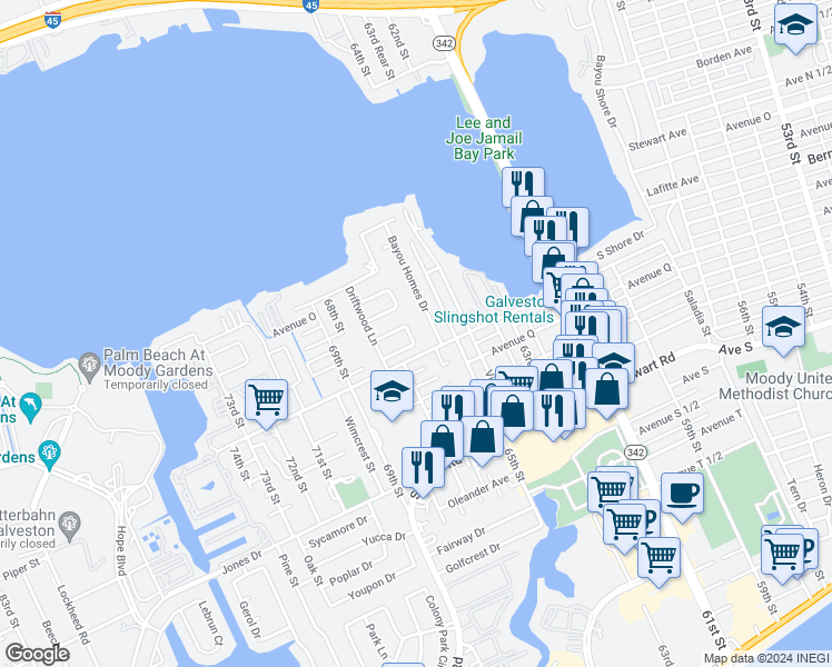 map of restaurants, bars, coffee shops, grocery stores, and more near 20 Willow Lane in Galveston