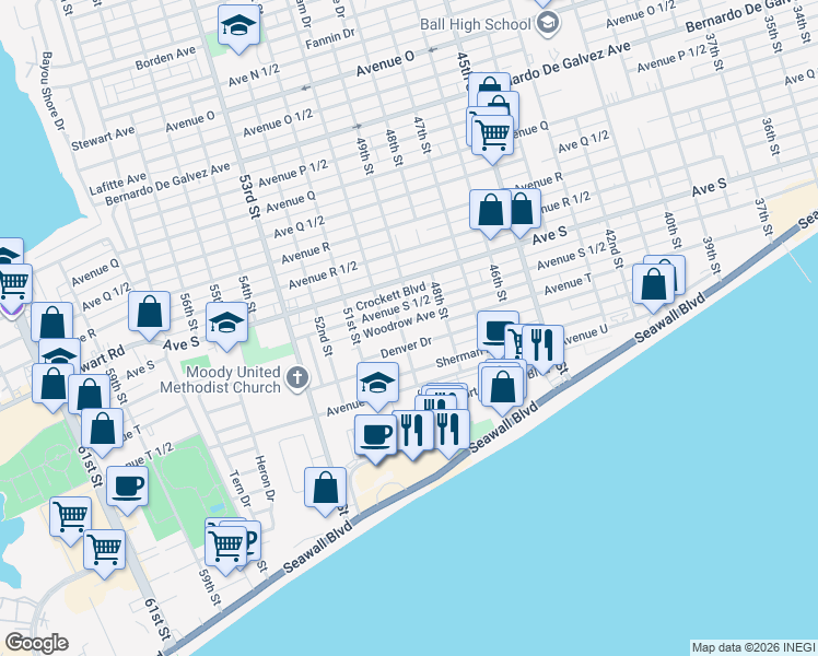 map of restaurants, bars, coffee shops, grocery stores, and more near 4810 Denver Drive in Galveston