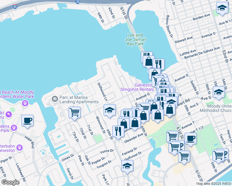 map of restaurants, bars, coffee shops, grocery stores, and more near 20 Willow Lane in Galveston