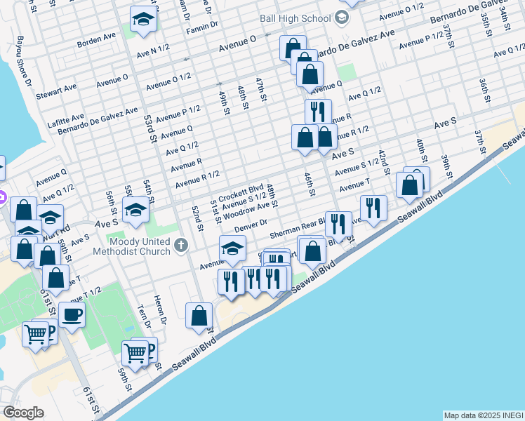 map of restaurants, bars, coffee shops, grocery stores, and more near 4810 Denver Drive in Galveston