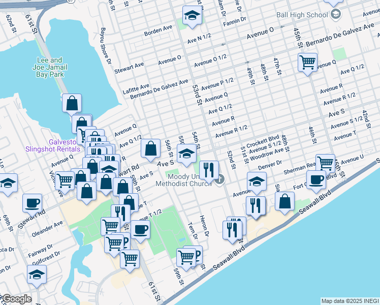 map of restaurants, bars, coffee shops, grocery stores, and more near 5471 Avenue S in Galveston
