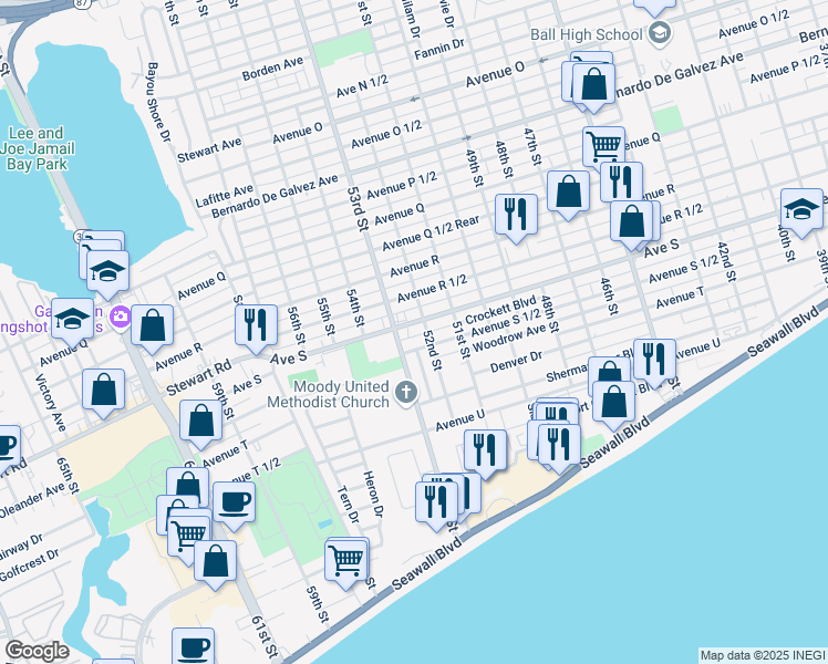 map of restaurants, bars, coffee shops, grocery stores, and more near 5202 Avenue S in Galveston